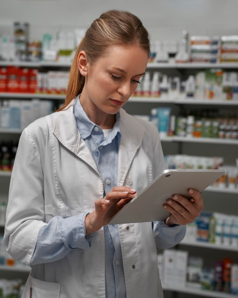 Female pharmacist with table checking stock in pharmacy