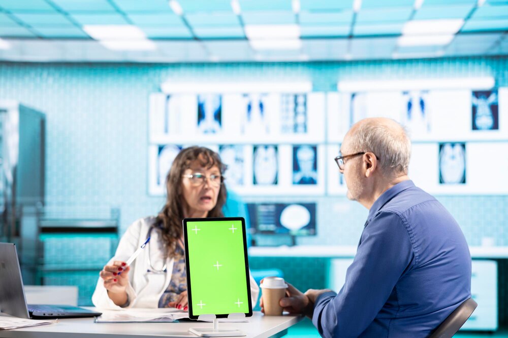 Female specialist consulting old patient in the cabinet next to copy space